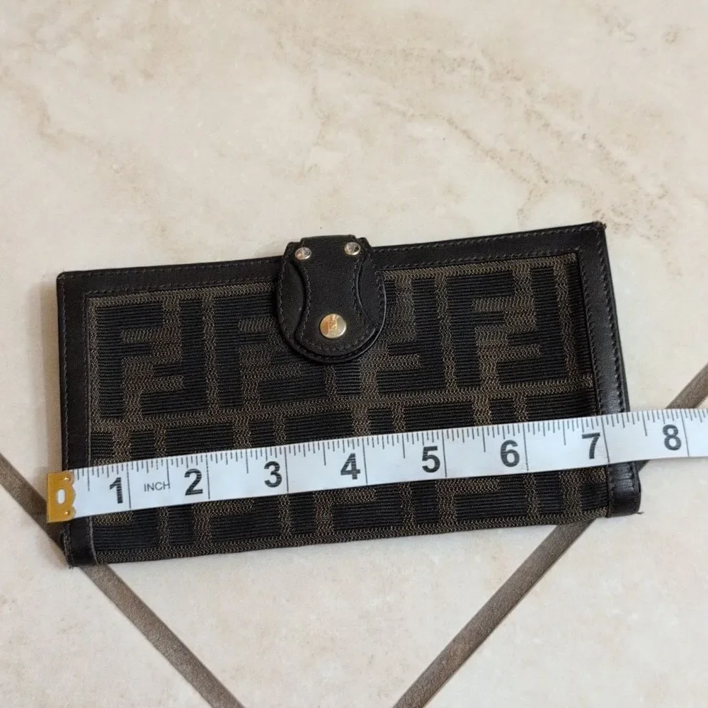 Authentic Fendi Brown Zucca Wallet Tri-Fold Long Brown Leather Canvas AF52695